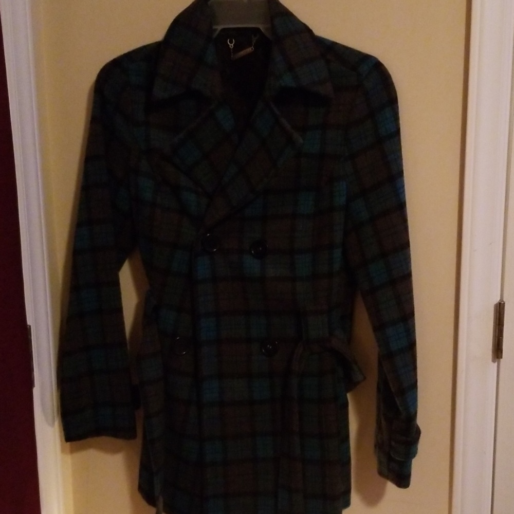 Plaid turquoise gray and black pea coat